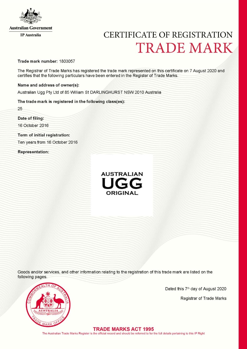 AUSTRALIAN UGG ORIGINAL Trade Mark Certificate 1803057